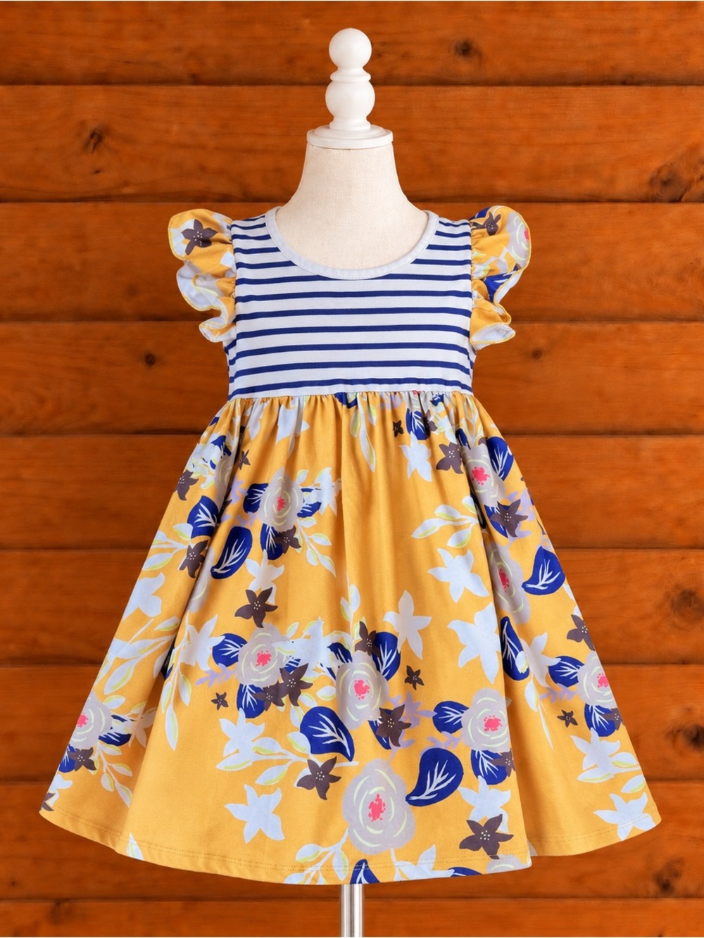 Penelope Plumm boutique Girls Yellow Floral Stripe Ruffle-Sleeve Dress size 5/6